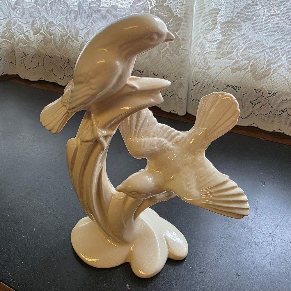 Signed Figurine Cream Ceramic Double Birds Mid Century Vintage Decor Wedding